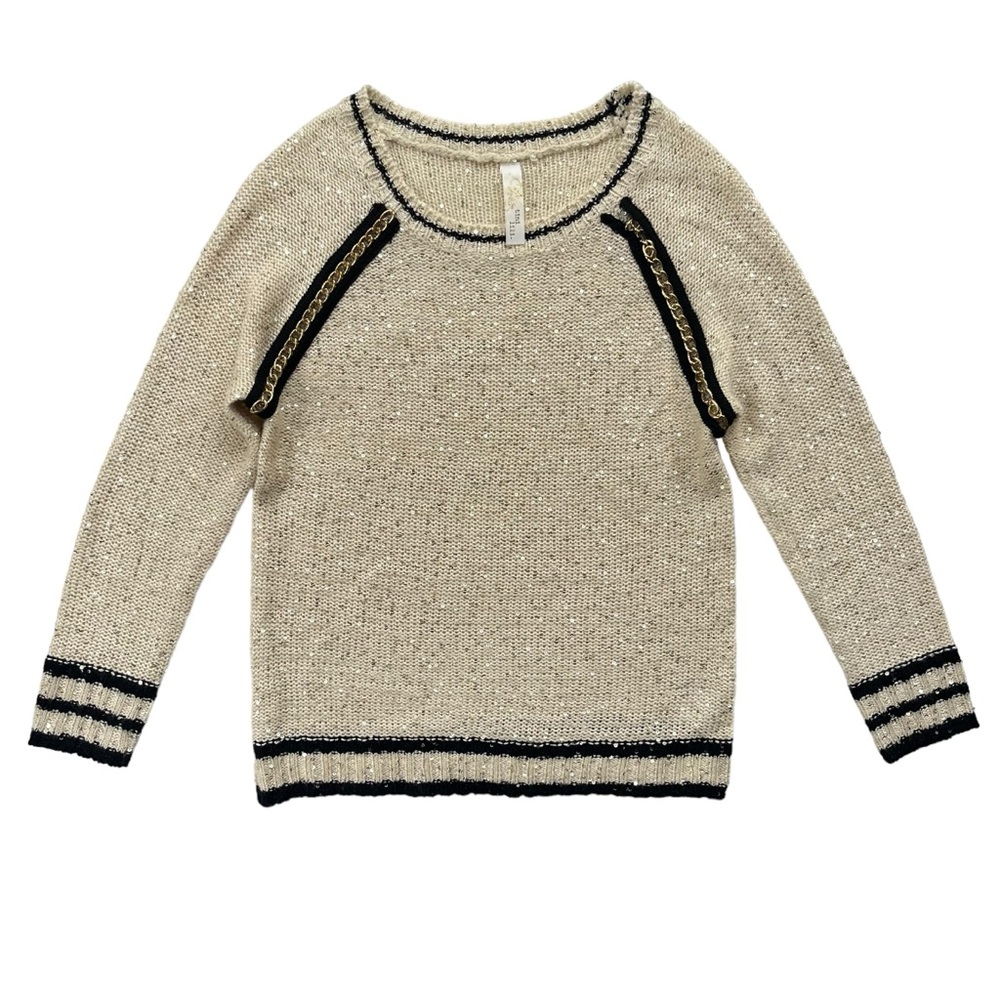 Tini Lili Womens Small/Medium Ivory Black Gold Sequins Chain Long Sleeve Sweater